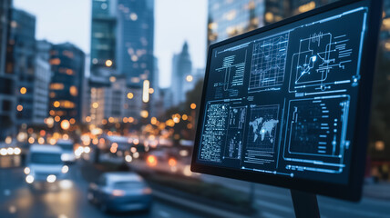 Urban Data Stream: A futuristic display screen showcasing dynamic data streams, including a world map and various technological graphs.