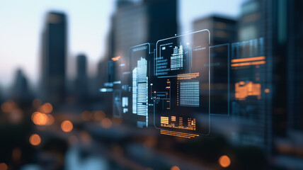 Urban Digital Interface: Futuristic holographic interface displays data and information against a blurred cityscape backdrop at dusk.