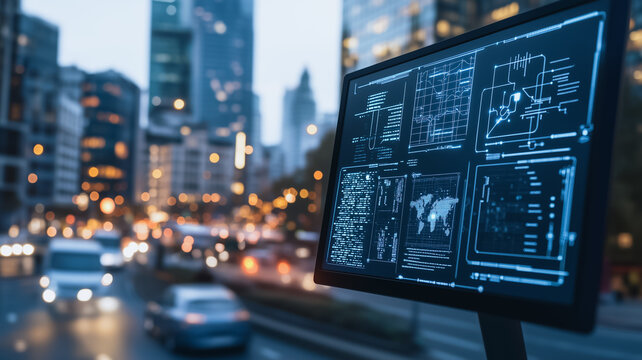 Urban Data Stream: A futuristic display screen showcasing dynamic data streams, including a world map and various technological graphs.