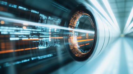 Digital Interface Speed: Abstract futuristic tech design featuring a glowing digital display with lines of code,  representing speed, innovation and data flow in a sleek, modern setting.