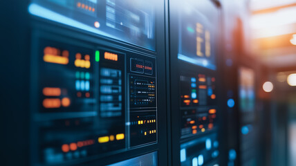 Obraz premium The Heart of the Network: A close-up shot of a server rack, its illuminated control panels pulsating with data, symbolizing the intricate and vital workings of modern technology.