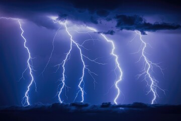Fototapeta premium Neon Blue and Purple Lightning Bolts Illuminating an Ominous Stormy Sky