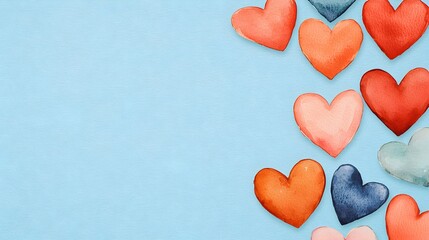 Fototapeta premium Colorful Watercolor Hearts on Light Blue Background for Design Use