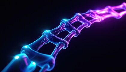 An abstract representation of a spinal structure illuminated in vibrant pink and blue tones against a dark backdrop.