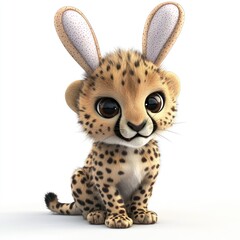 A cartoon-style 3D image captures a cheetah cub with bunny ears, engaging directly with the camera from a white background.