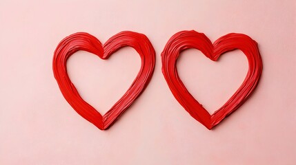 Fototapeta premium Dual Red Hearts Made from Paint on Soft Pink Background