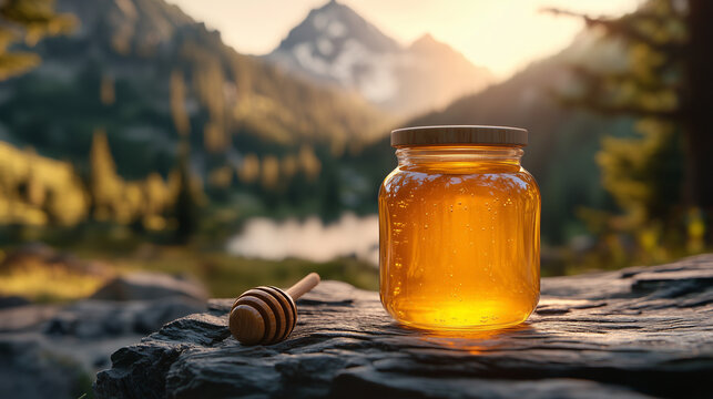 Honigtopf in der Natur, ohne Etikette, Mockup Honig, See im Hintergrund
