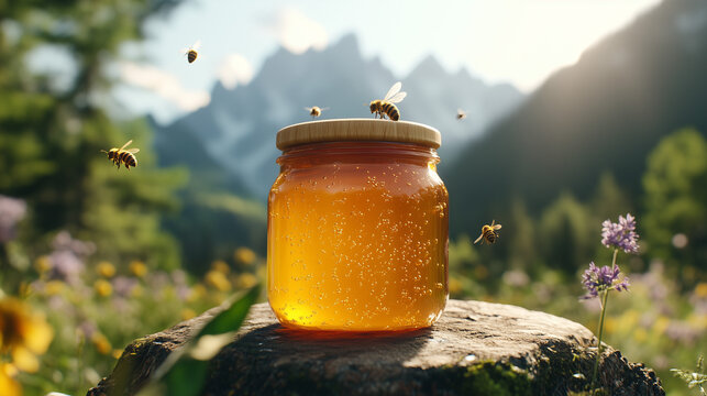 Honigtopf in der Natur, ohne Etikette, Mockup Honig, Biene fliegen