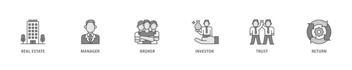 REIT icon set flow process which consists of real estate, manager, broker, investor, trust and return icon live stroke and easy to edit .