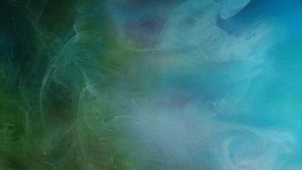 Fume smoke. Haze splash. Defocused green blue color liquid cloud vapor mist water paint ink texture on abstract art light.