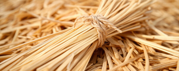 bundle of straw tied together, resting on heap of straw, showcases natural textures and earthy tones, perfect for agricultural themes