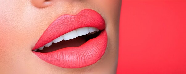 Naklejka premium Glowing Pink Lips with Perfect Makeup on Smooth Skin Background