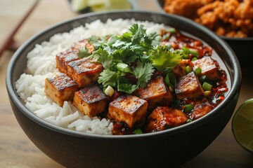 Spicy tofu rice bowl, table setting, lunch