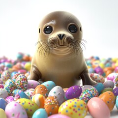 Charming seal pup in cartoon style, encircled by Easter treats, looking into the camera, white backdrop.