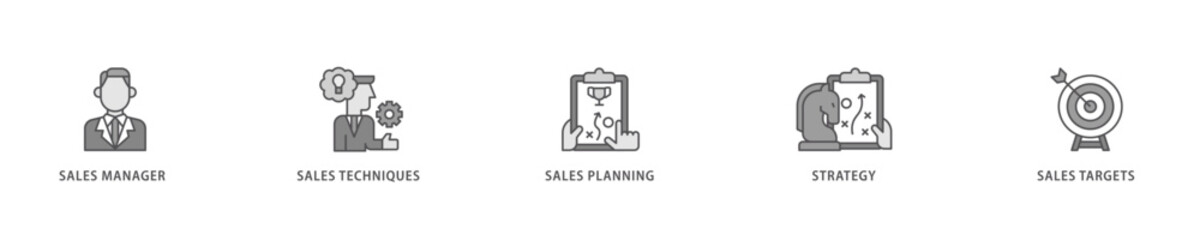 Sales management icon set flow process which consists of manager, sales techniques, planning, strategy, and targets icon live stroke and easy to edit .