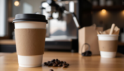 Takeout Coffee Cups with Beans on Wooden Counter
