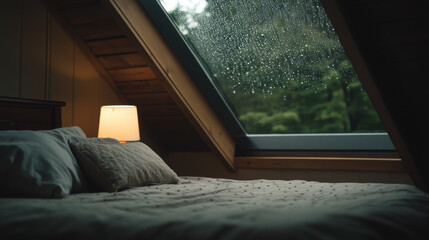 rain covered skylight above cozy bed creates warm and inviting atmosphere. soft glow of lamp enhances serene ambiance, perfect for relaxation