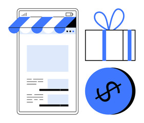 Mobile shopping app interface with storefront awning, wrapped gift box, and blue dollar symbol. Ideal for online sales, promotions, e-commerce, discounts, holiday shopping, marketing mobile apps