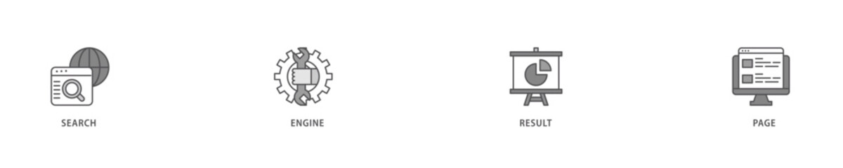 SERP icon set flow process which consists of web search, computer, search engine, mobile search, page result, and statistics graph icon live stroke and easy to edit .