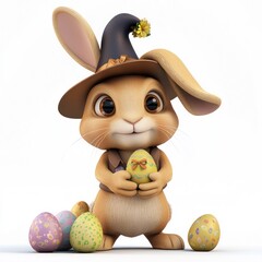 In this cartoon-style 3D render, a delightful bunny with a magician's hat holds Easter eggs, looking directly at the camera from a white background.