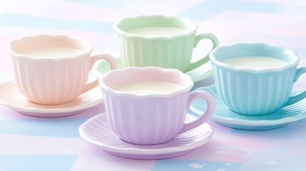 Fototapeta premium Pastel Teacups Filled with Milk on a Soft Background