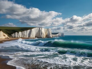 The famous chalk cliffs standing tall against a vibrant blue ocean with waves crashing below.
