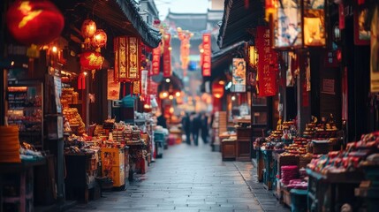Ancient Street Market: A captivating view down a narrow, atmospheric street market, brimming with vibrant lanterns, colorful banners, and the enticing aromas of exotic goods.