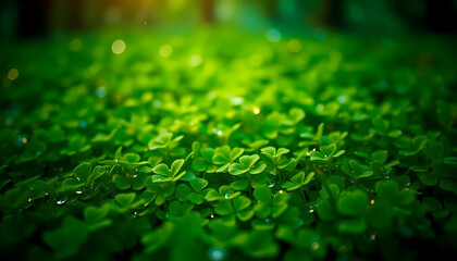 lush green clover field, macro photography, shallow depth of field, bokeh effect, vibrant emerald color, nature close-up, lucky charm, Irish countryside, soft focus background, dew drops, morning ligh