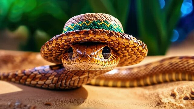 Snake wearing straw hat in colorful jungle setting Cinco de Mayo