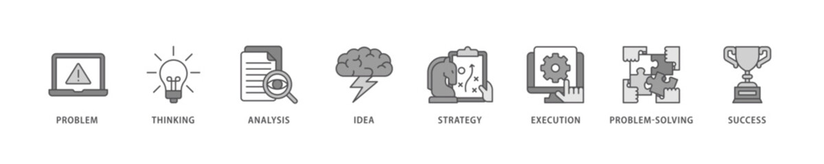Solution icon set flow process which consists of problem, thinking, analysis, idea, strategy, execution, problem-solving, success icon live stroke and easy to edit .