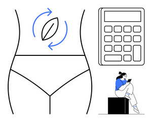 Female figure with arrows around a leaf symbolizing health or metabolism, calculator, and woman on block writing in notebook. Ideal for health, wellness, fitness, nutrition, body care, metabolic
