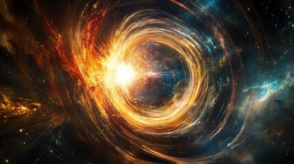 Fiery cosmic swirl, bright nebula, space vortex.