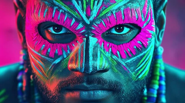 Vibrant neon tribal face paint on african adult man in bold colors Happy Cinco de mayo