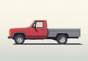 A minimalistic, flat vector illustration by Vince Roosevelt depicting a red truck with a gray cargo box on a white background, in a simple, minimalistic style