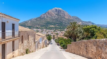 Fototapeta premium Picturesque Hilltop Village Street Scene, Sunny Day