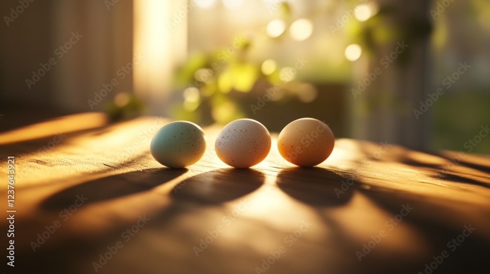 Wall mural Three Easter eggs on table, sunlit window background