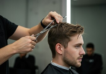 man getting his hair trimmed with scissor