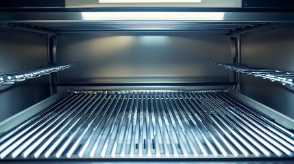 Obraz premium Empty stainless steel grill, ready for cooking, indoor kitchen setting, culinary background