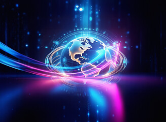 Obraz premium A double exposure image showcases a glowing earth encircled by vibrant, swirling energy streams. An upward arrow indicates growth and progress within a futuristic, digital world.