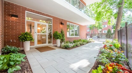 Modern apartment building entrance, landscaped walkway, sunny day
