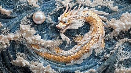 Dragon's Pearl: A mythical white dragon with golden scales, its powerful form sculpted in intricate detail, surges through a tumultuous blue ocean, its eyes fixed on a luminous pearl.