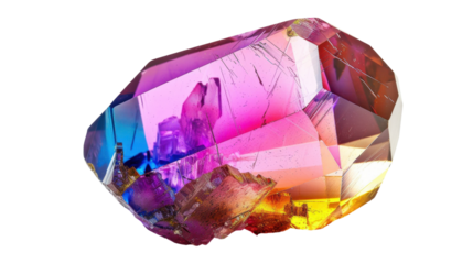 Bright colorful titanium aura quartz crystal showing rainbow colors on transparent background