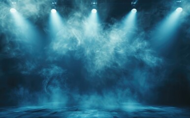 Blue spotlights and smoke engulf the empty stage, providing the ideal setting for presenting products or performances.