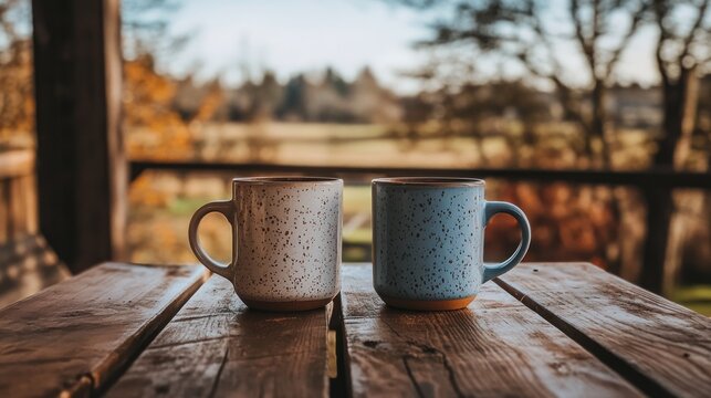Two mugs of tea on wooden porch, autumn view - Powered by Adobe