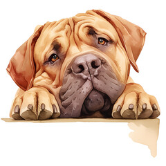 Adorable fawn-colored Boerboel puppy resting its head on a surface. Sweet, soulful eyes and soft fur.