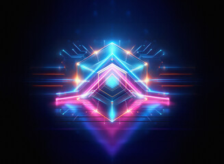 A mesmerizing double exposure image showcases a vibrant, geometric, 3D structure with glowing neon accents, reflecting on a dark surface.  The design is symmetrical and features a central, multifacete
