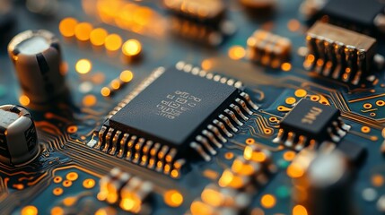 Closeup view of a circuit board with integrated chips