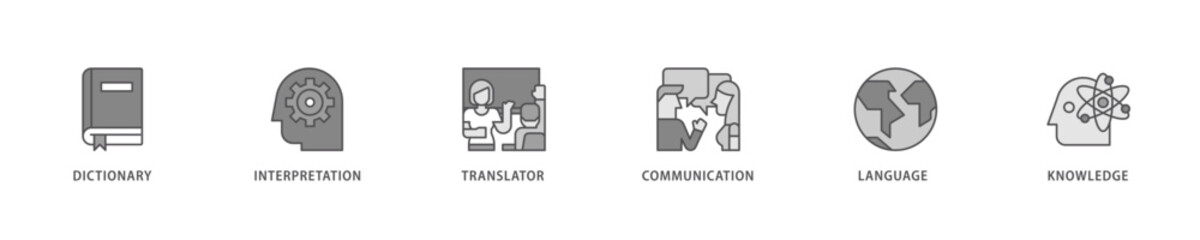 Translation icon set flow process which consists of dictionary, interpretation, translator, communication, language, and knowledge icon live stroke and easy to edit .