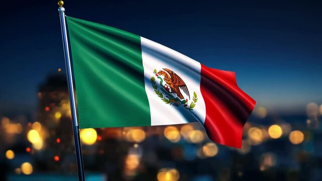 Sunlit mexican flag waving with bright city lights in background Happy Cinco de mayo