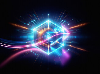 Fototapeta premium A vibrant double exposure image features a glowing hexagonal prism with an arrow, surrounded by dynamic light trails and sparks against a dark background. The effect is futuristic and energetic.